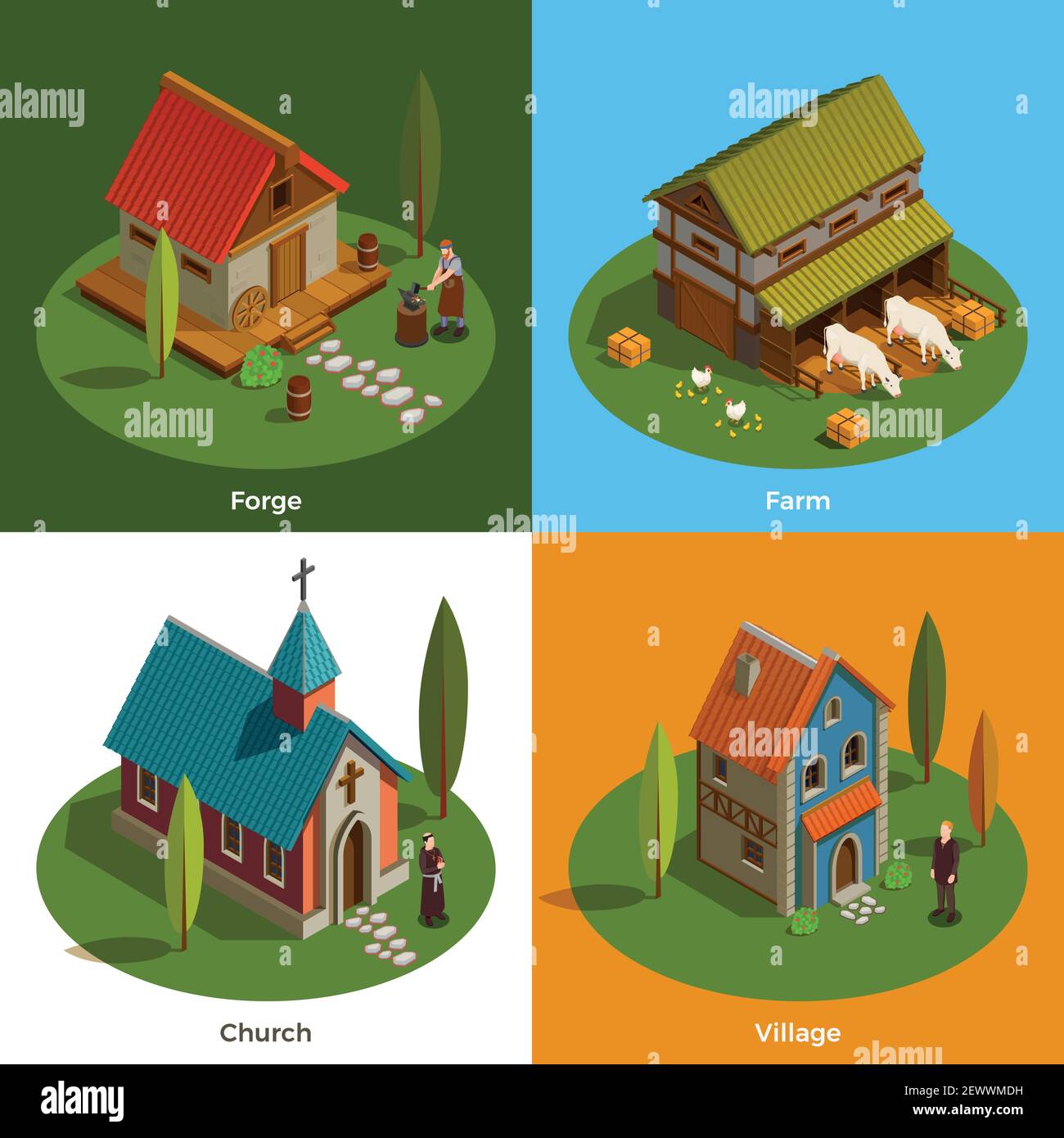 Architecture médiévale de peuplement 4 compositions isométriques plates avec église de ferme bâtiments de forge maison de village illustration vectorielle isolée Illustration de Vecteur