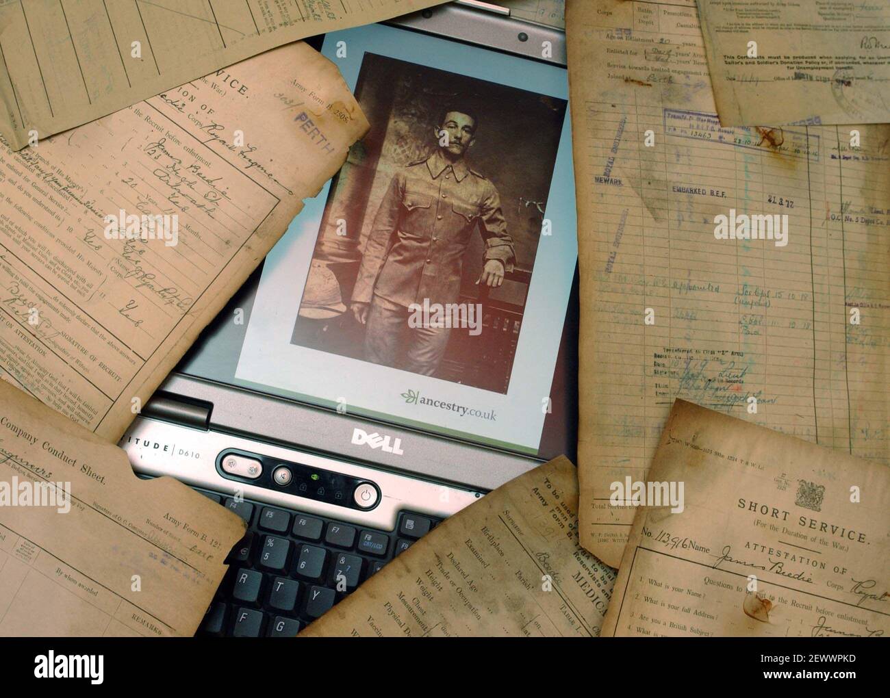 L'ANCIEN PAPIER WWI ENREGISTRE ET MAINTENANT CES ANCESTRY.CO.UK EN LIGNE, Y COMPRIS LA PHOTO DE JOHN WILLIAM BALLINGER. 22/2/07 TOM PILSTON Banque D'Images