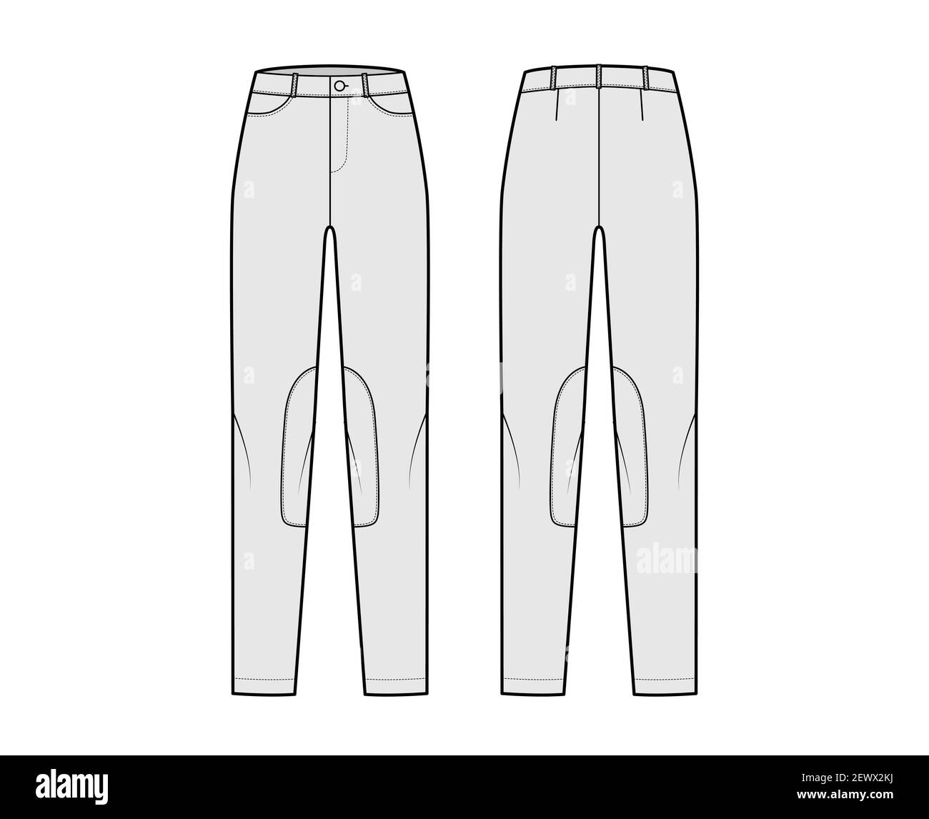 Ensemble de jeans Kentucky Jodhpurs pantalons denim illustration technique de la mode avec taille basse, taille, poches, passants de ceinture. Modèle de vêtement à fond plat à l'avant du dos, de couleur grise. Femmes, hommes, maquette de CAD unisex Illustration de Vecteur