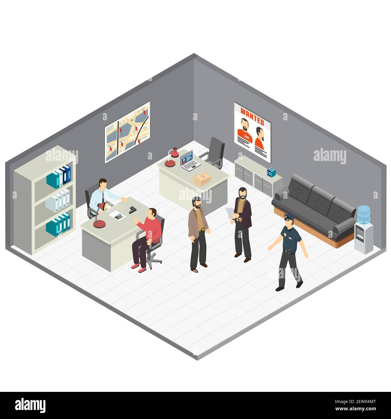 Bureau des détectives de justice de droit composition isométrique avec les enquêteurs de cas de crime le témoin de l'entrevue reconstruit les détails de l'incident vecteur illustrati Illustration de Vecteur