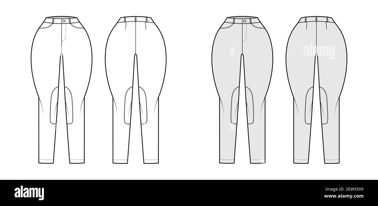 Jeans Classic Jodhpurs pantalons denim technique illustration de la mode avec taille normale, taille haute, passants de ceinture, longueurs complètes. Vêtements plats à l'avant dans le dos, coloris gris blanc. Femmes, hommes, maquette de CAD unisex Illustration de Vecteur