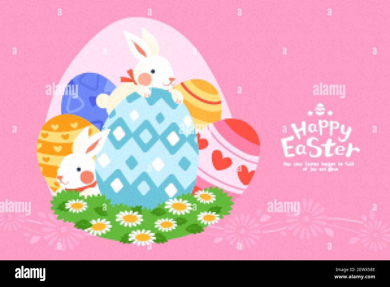 Modèle de carte de vœux Happy Easter Egg Hunt. Joli lapin se cachant derrière des ornements d'œufs peints. Illustration de Vecteur
