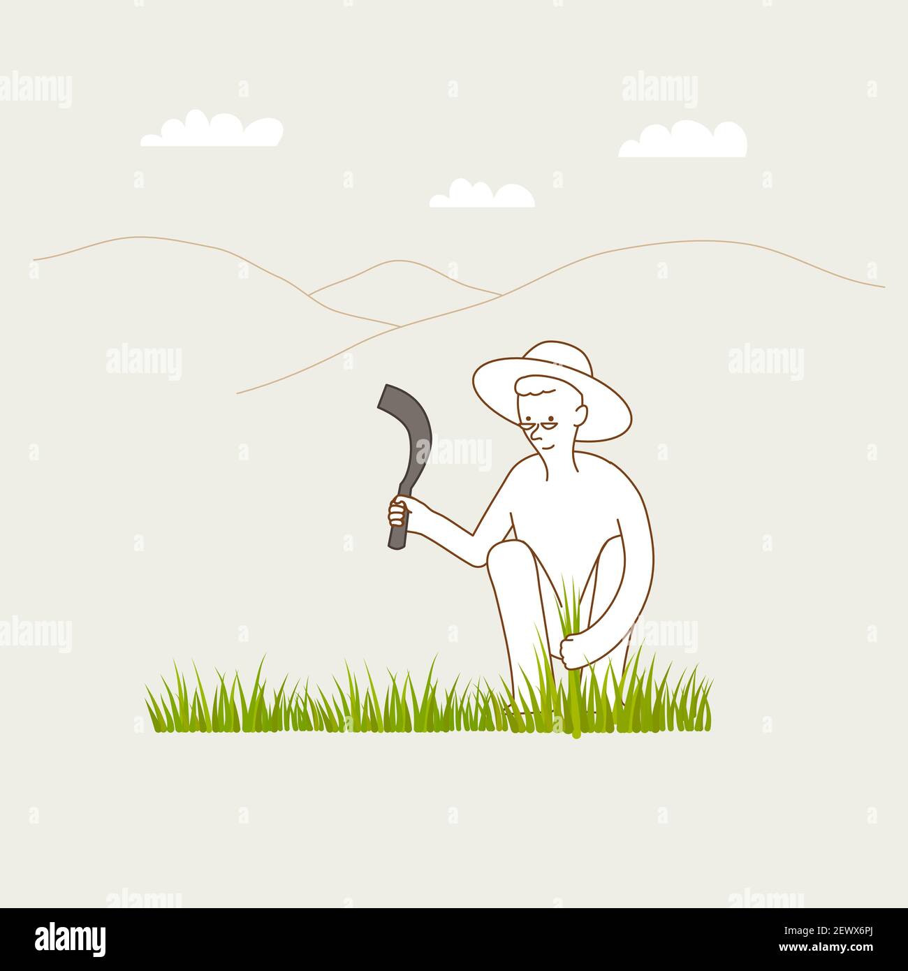 Homme s'accroupir pour couper l'herbe à l'aide de la lame de faucille. Concept de temps de loisirs. Illustration de Vecteur