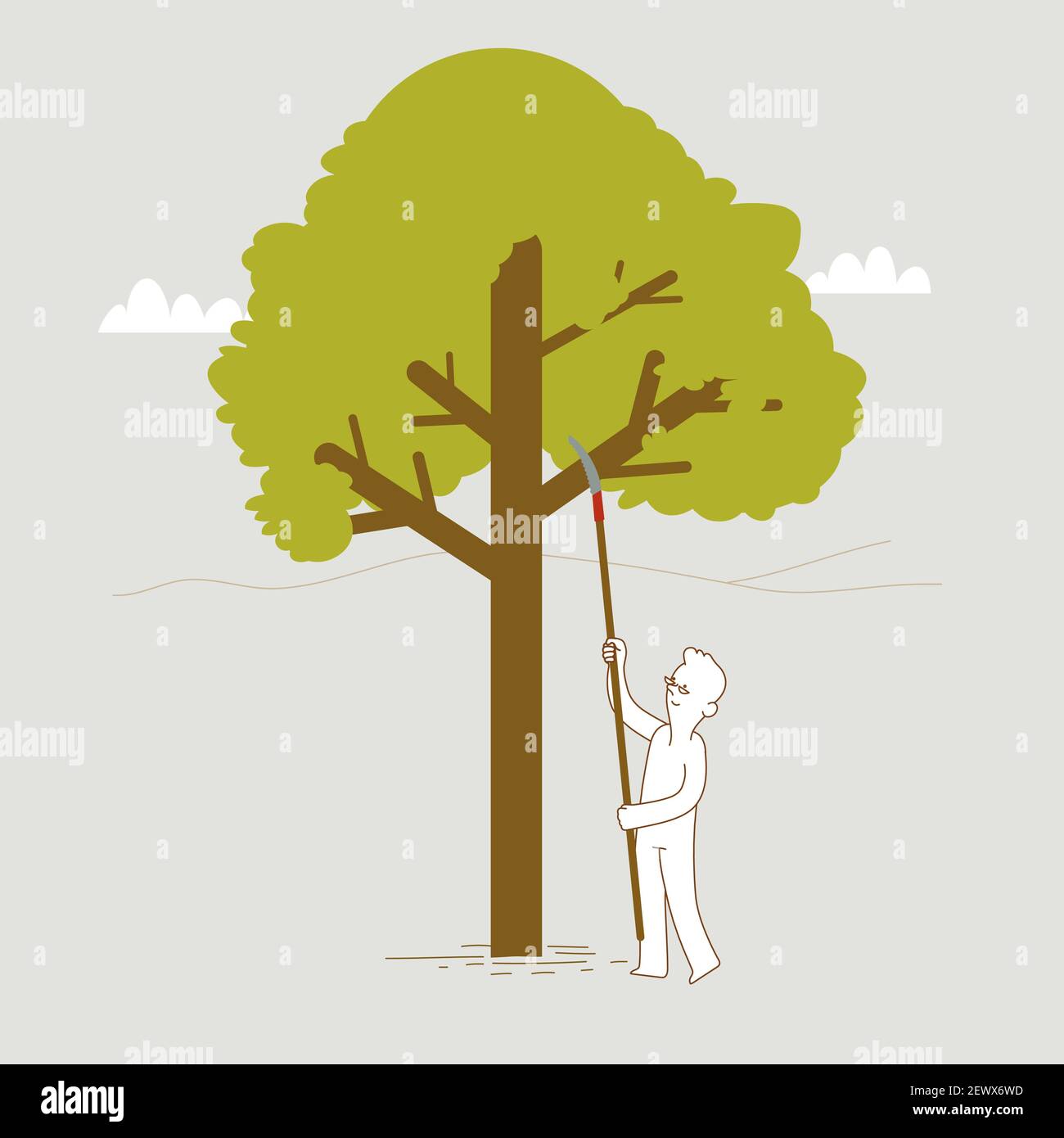 homme coupant une branche d'arbre à l'aide d'une scie à élaguer avec une perche allongée. illustration propre et minimaliste. Illustration de Vecteur
