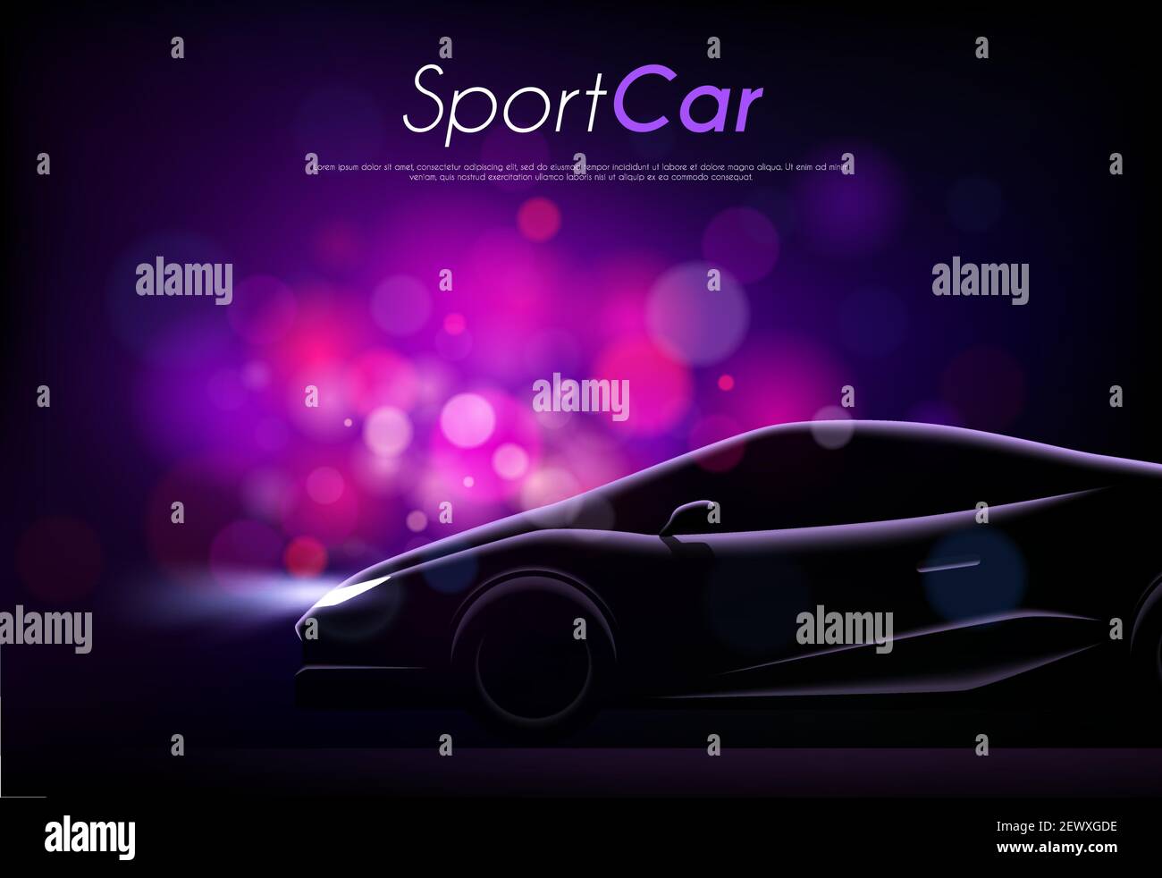 Arrière-plan réaliste avec silhouette de carrosserie de voiture de sport texte modifiable et illustration du vecteur de particules violettes floues Illustration de Vecteur