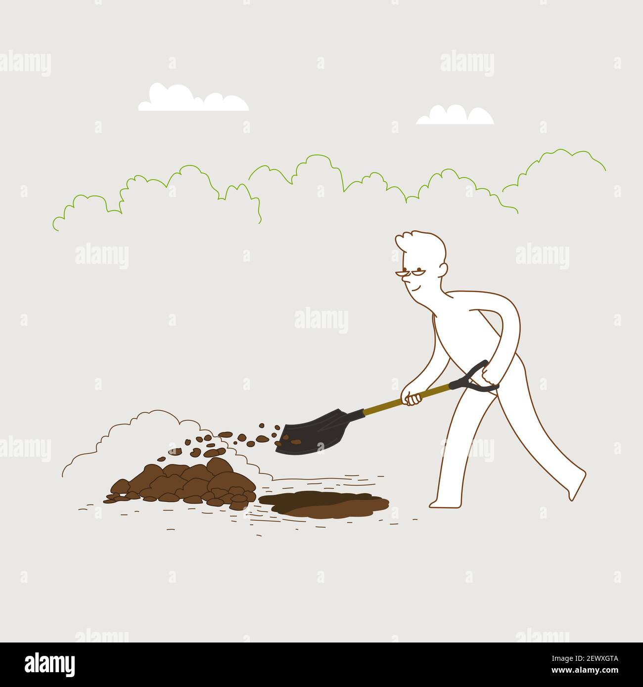 Conception minimale, homme creusant le trou dans le sol. Activités de loisirs séjour à la maison. Illustration de Vecteur