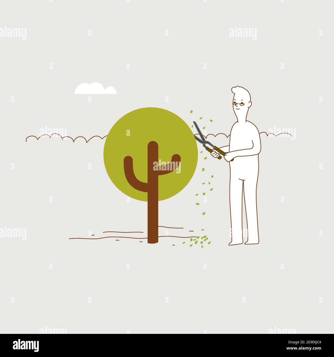 Homme tachant l'arbre avec des cisailles à haies, illustration vectorielle minimale. Illustration de Vecteur