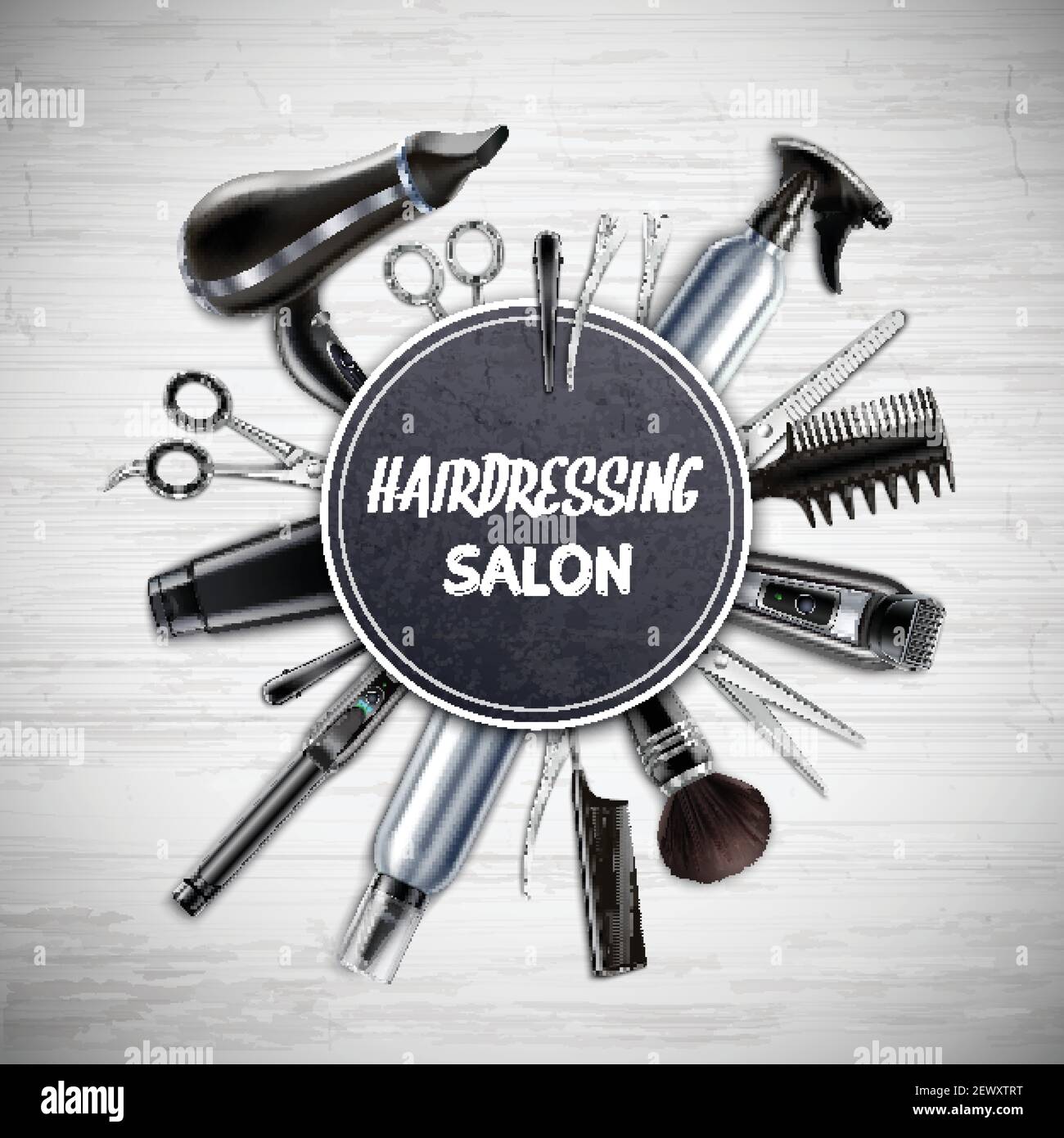 Salon de coiffure Outils de salon de coiffure composition ronde réaliste avec ciseaux tondeuse sèche-cheveux, illustration vectorielle monochrome d'arrière-plan en bois Illustration de Vecteur