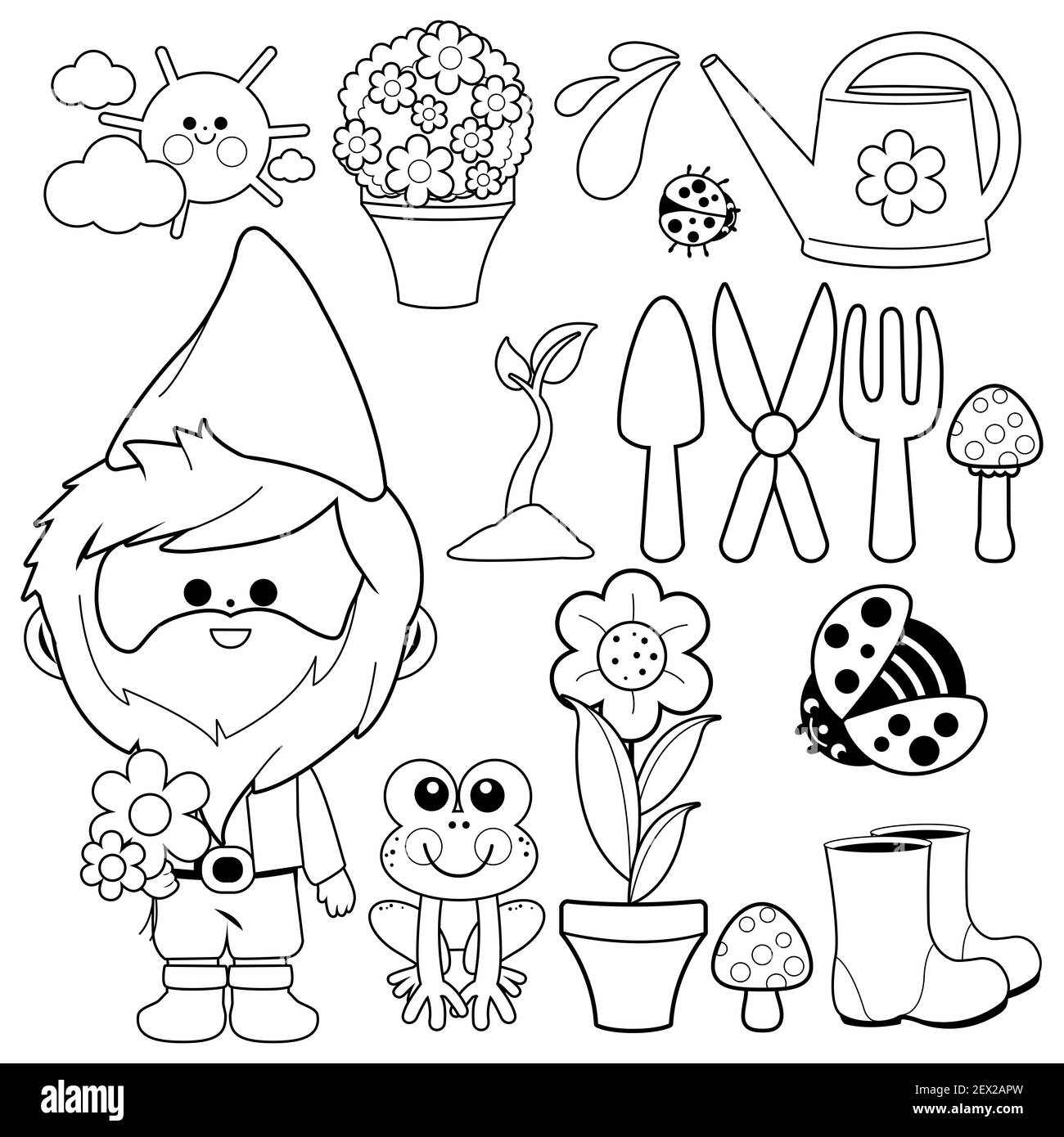 Collection d'illustrations de jardinage avec gnome de jardin. Page de livre de coloriage noir et blanc. Banque D'Images