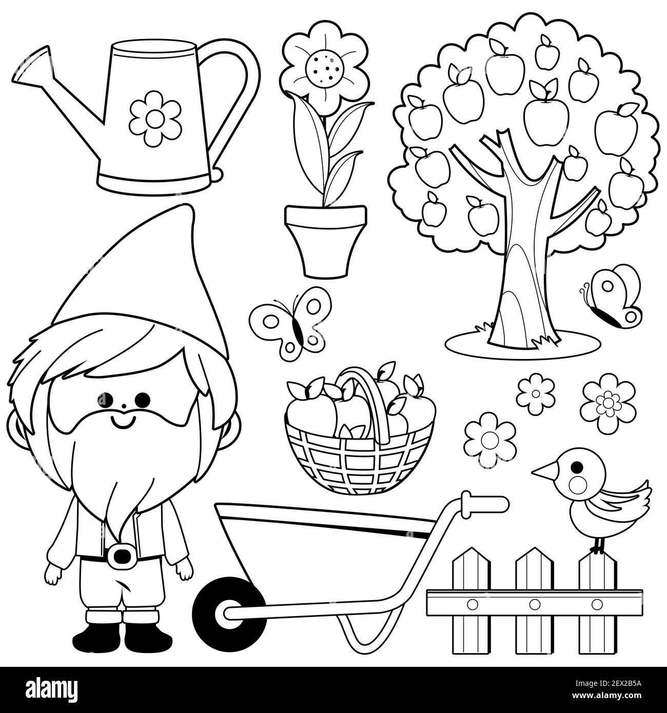Collection d'illustrations de jardinage de printemps avec gnome de jardin. Page de livre de coloriage noir et blanc Banque D'Images