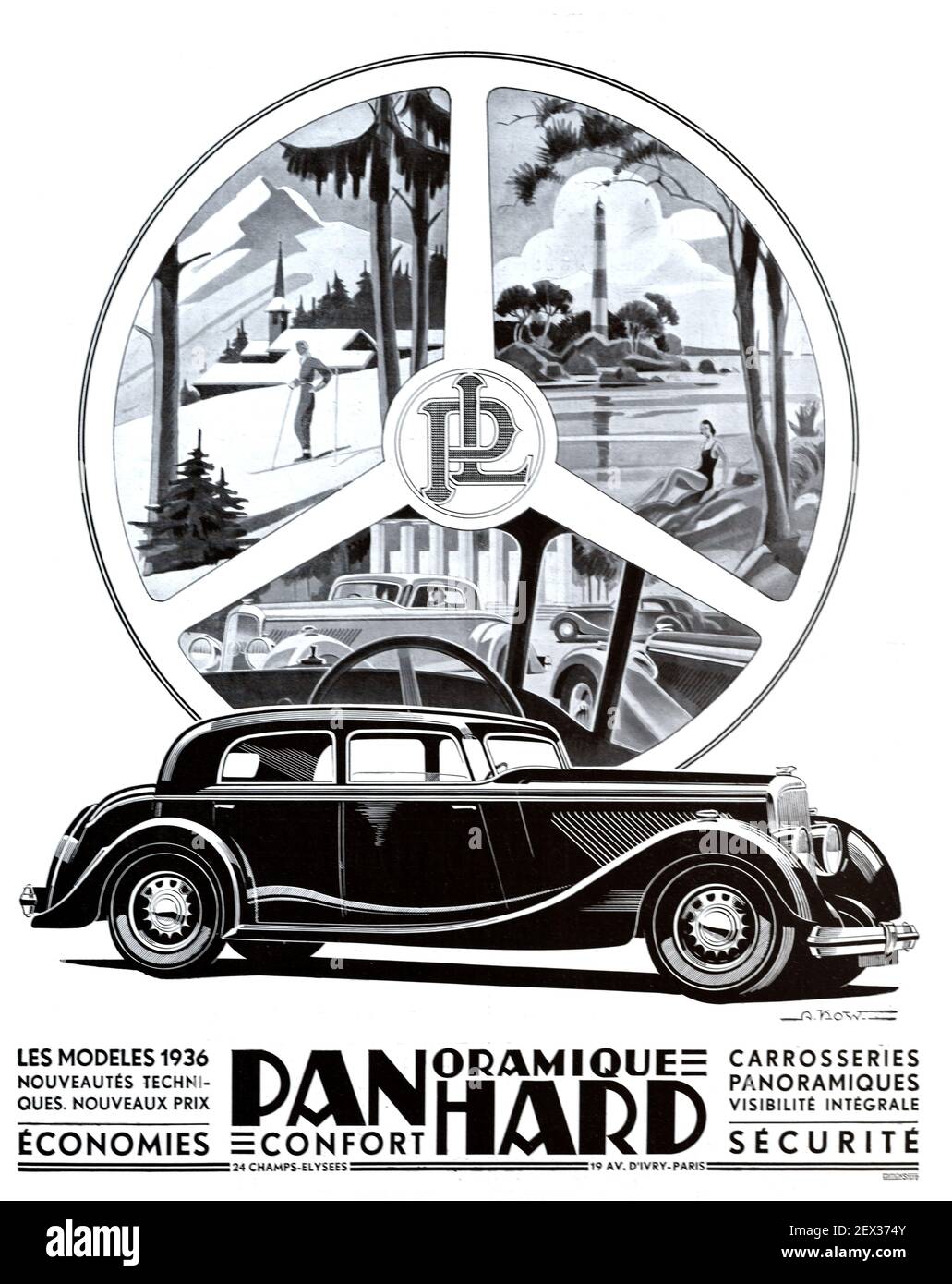 Publicité, publicité ou publicité vintage pour une voiture, une automobile ou une voiture à moteur Panhard vintage 1935 Illustration montrant une voiture Panhard et des images touristiques de la vue sur la montagne et la mer encadrées par un volant Banque D'Images