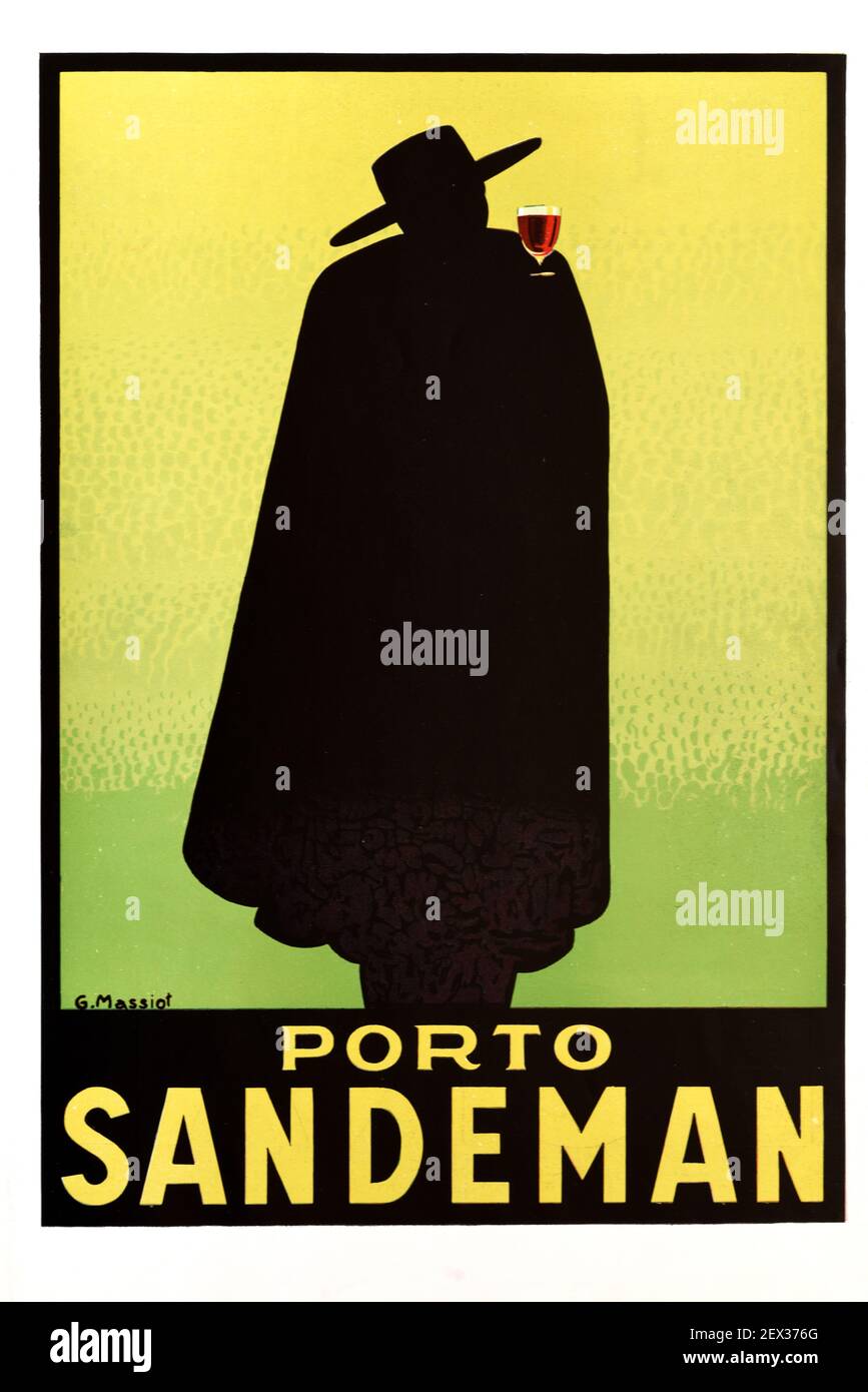 Publicité, publicité, publicité ou affiche pour Porto Sandeman Port Wine ou Sherry. Conception ou illustration des années 1930 par Georges Massiof montrant une silhouette d'un homme Caped connu sous le nom de Don Banque D'Images