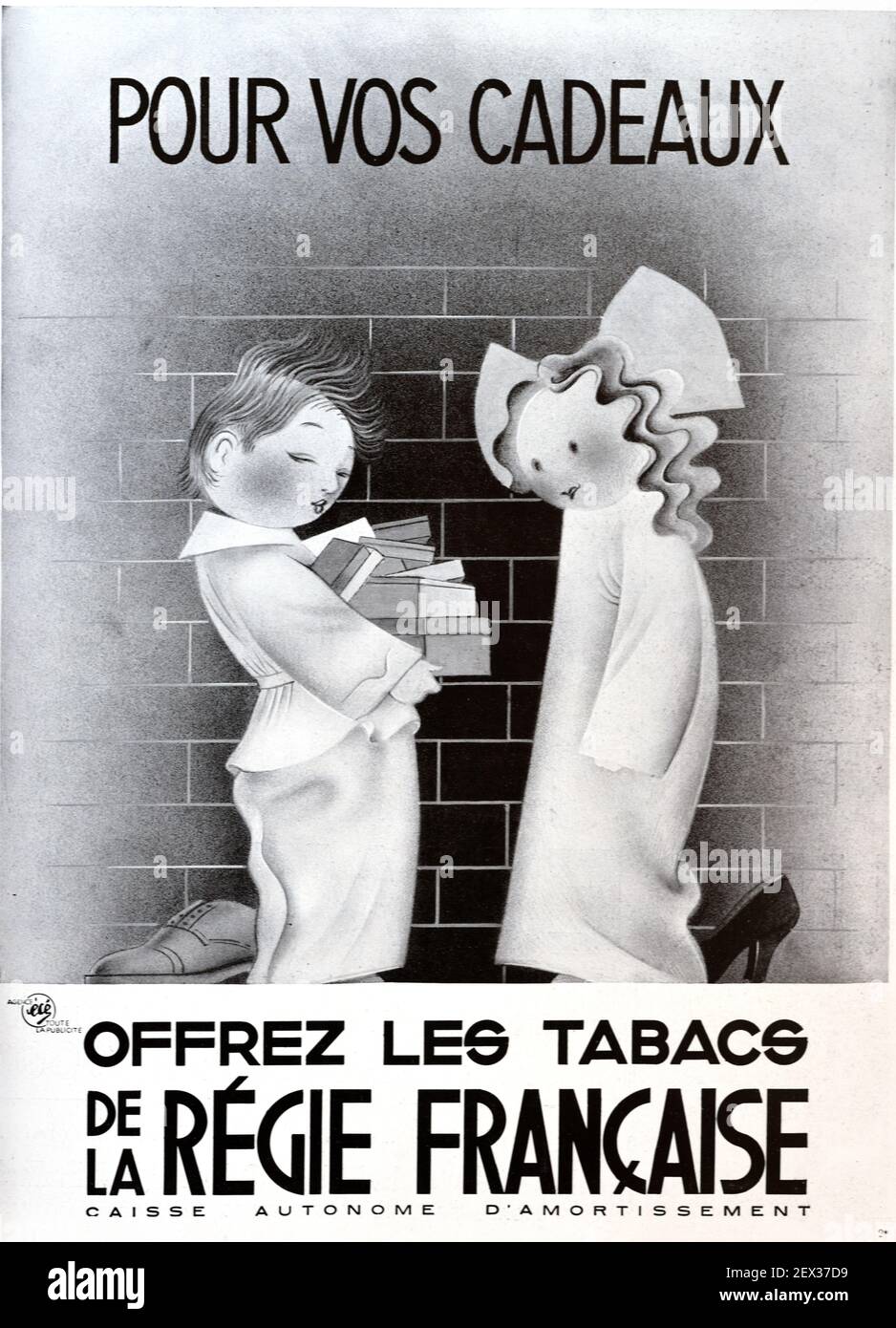 Publicité, publicité ou publicité vintage encourageant les enfants à offrir du tabac en cadeau, en cadeau ou en cadeau. Illustration politiquement incorrecte de 1931 France Banque D'Images