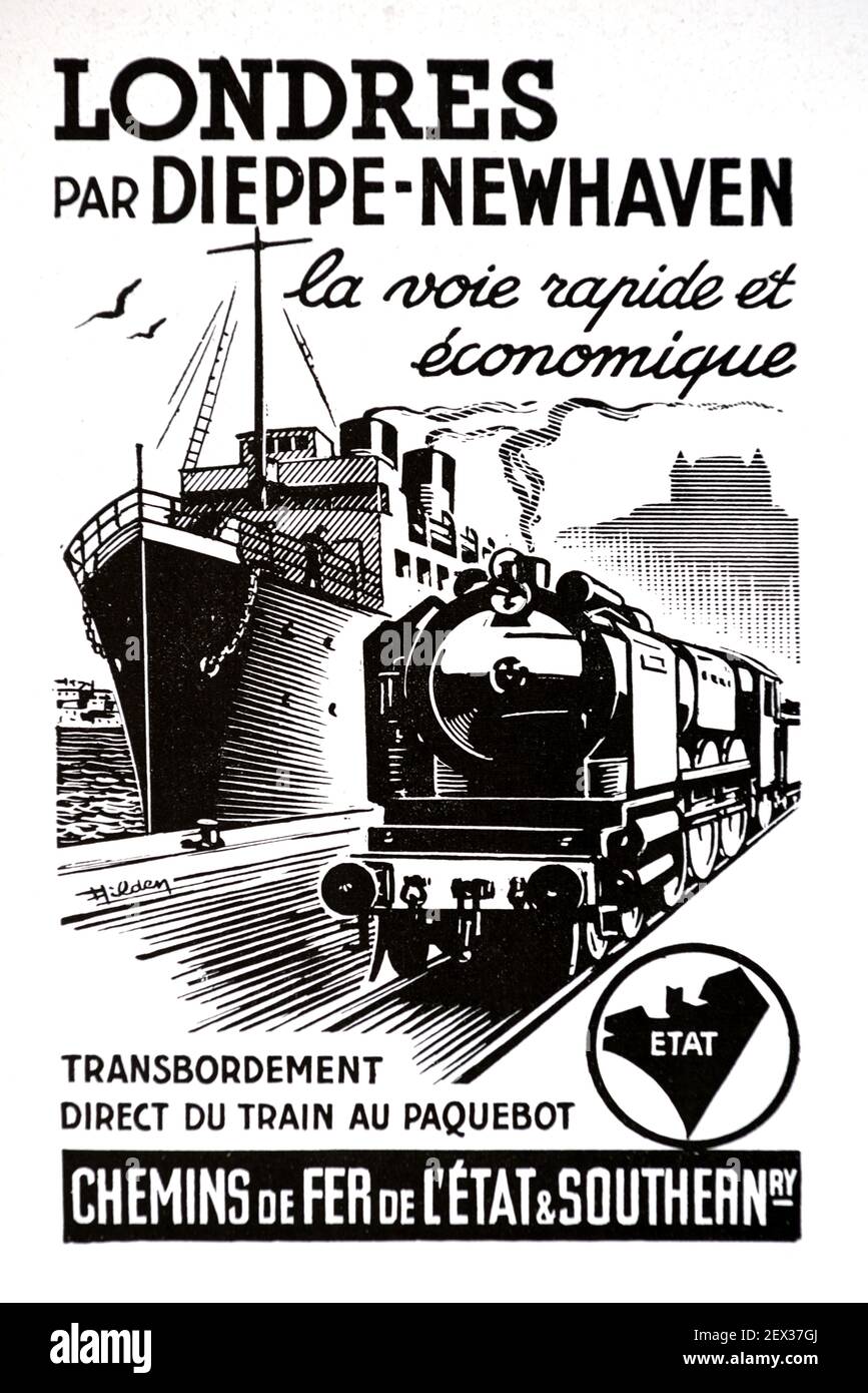 Publicité vintage, publicité ou publicité pour Cross Channel Ferry, Dieppe à Newhaven et train à Londres 1935 Illustration Banque D'Images