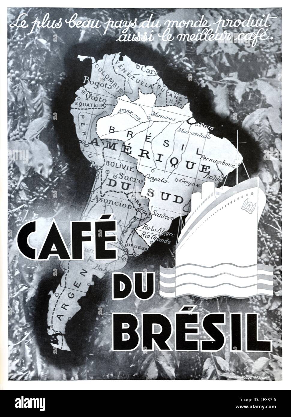 Publicité vintage, publicité ou publicité pour le café brésilien ou le café du Brésil 1935 Illustration Banque D'Images