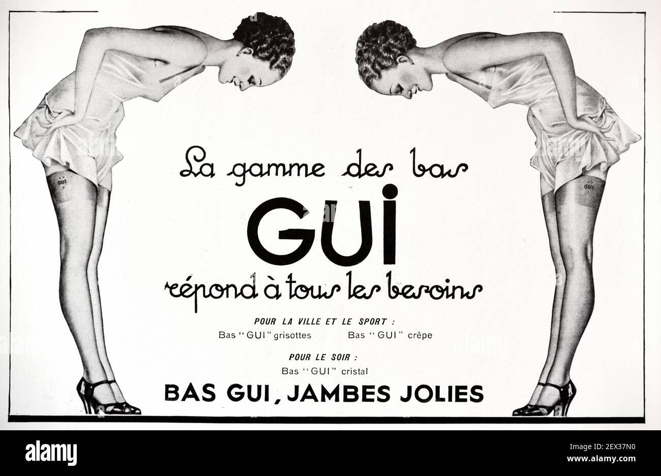 Publicité vintage, publicité ou publicité pour Jambes Jolies ou Lovely legs Publicité Bas ou collants pour femmes par deux Flapper années 1930 femmes France 1935 Illustration Banque D'Images