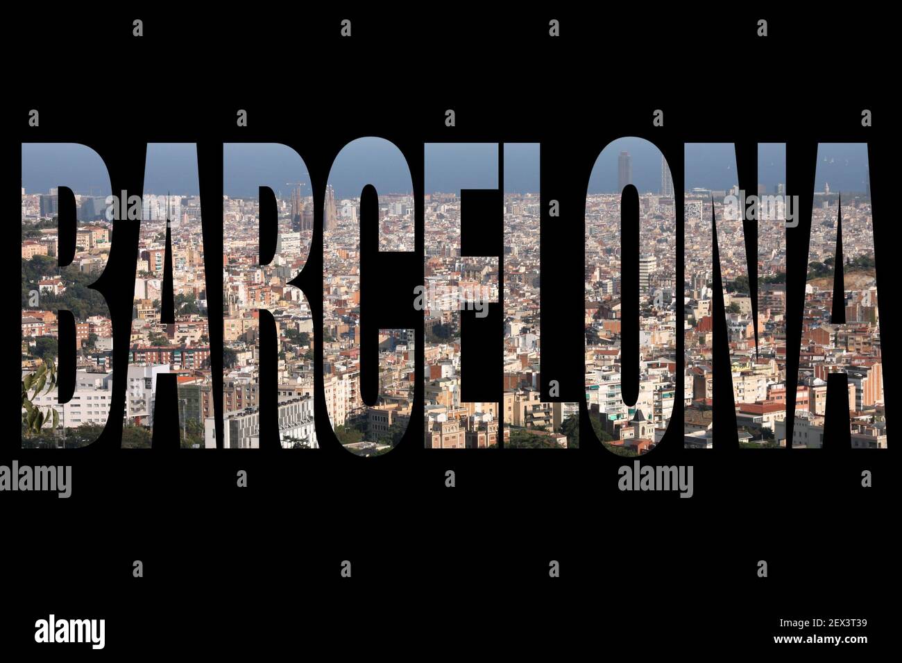 Barcelone, Espagne - signe du nom de la ville avec photo en arrière-plan. Isolé sur le noir. Banque D'Images