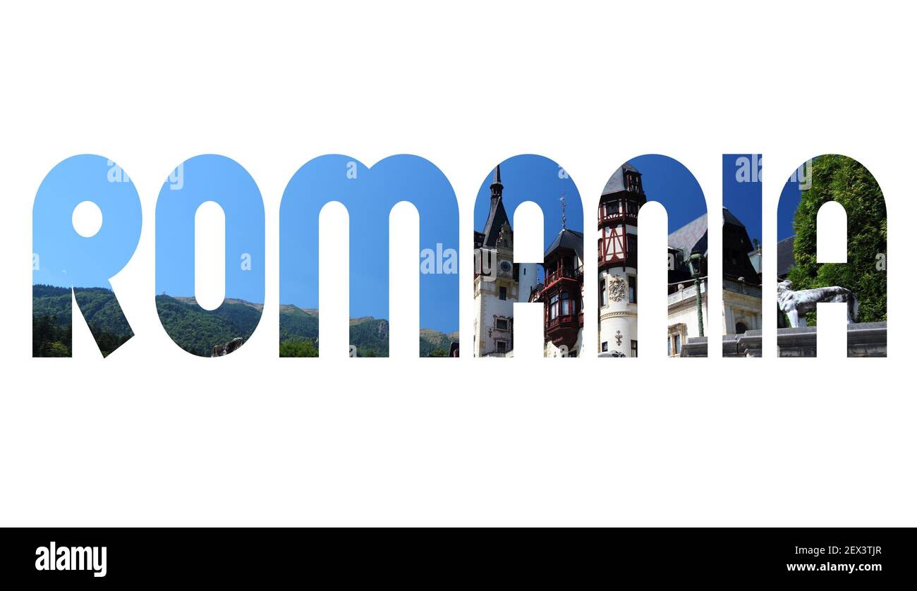 Roumanie texte signe - nom de pays mot photo silhouette. Banque D'Images Roumanie texte signe - nom de pays mot photo silhouette. Banque D'Images