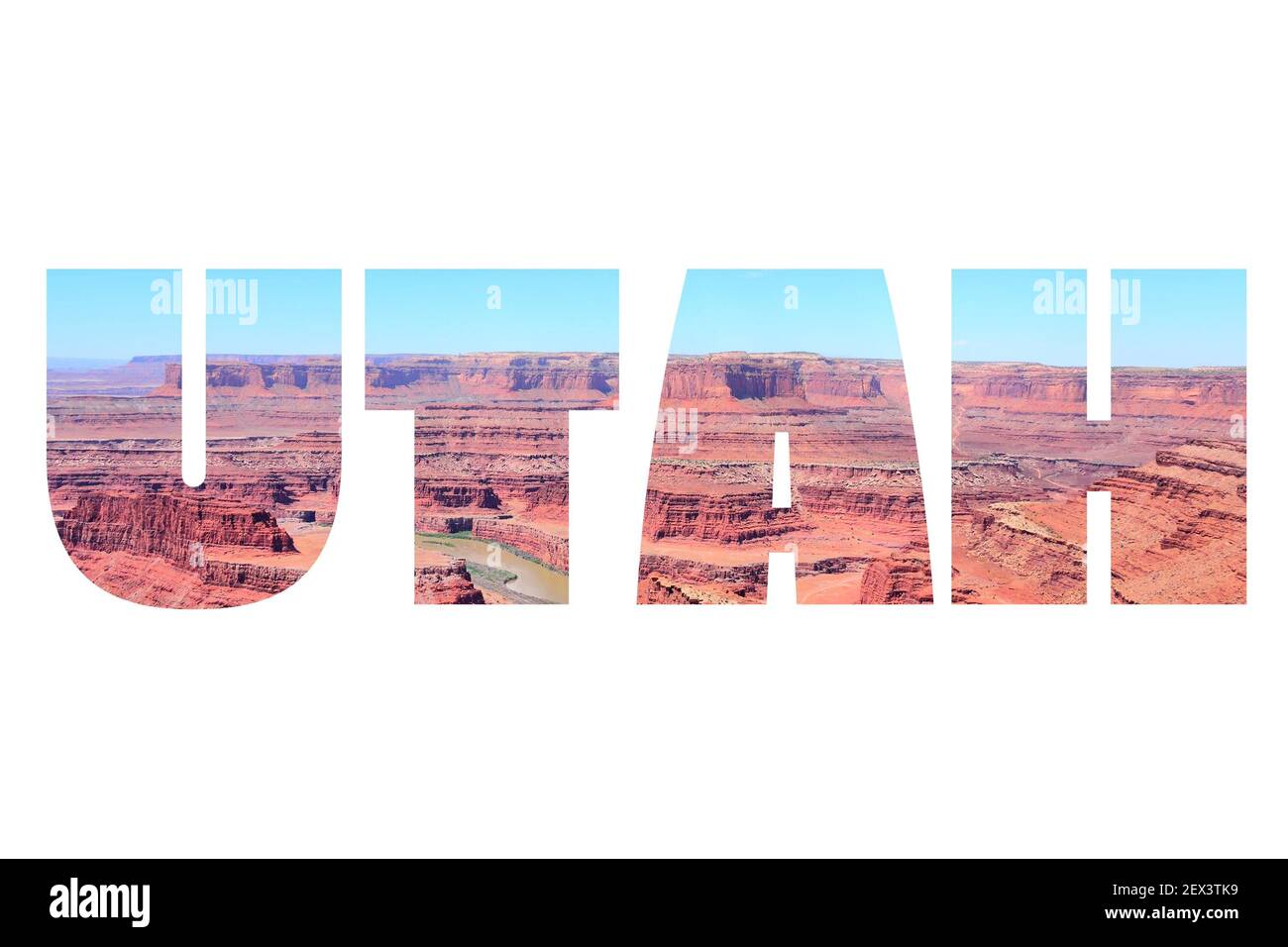 Panneau Utah - nom de l'état américain isolé sur blanc avec paysage de fond. Banque D'Images