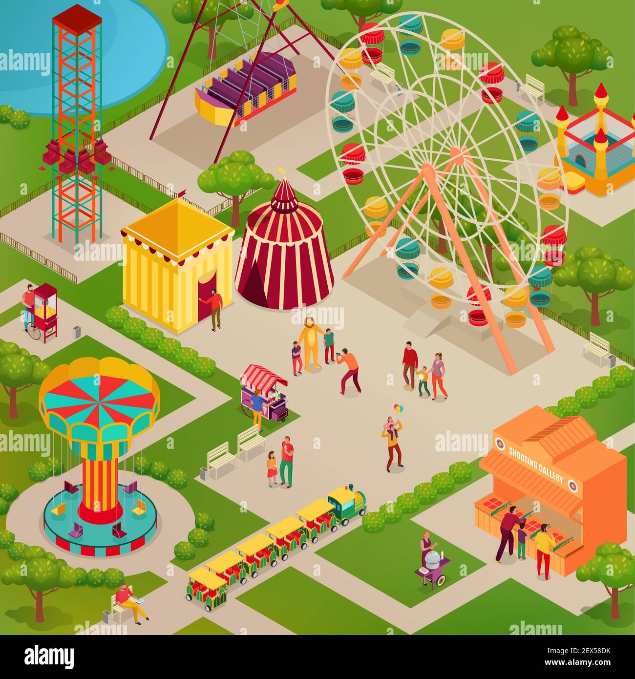 Parc d'attractions avec cirque et diverses attractions Street food adultes et illustration vectorielle isométrique pour enfants Illustration de Vecteur