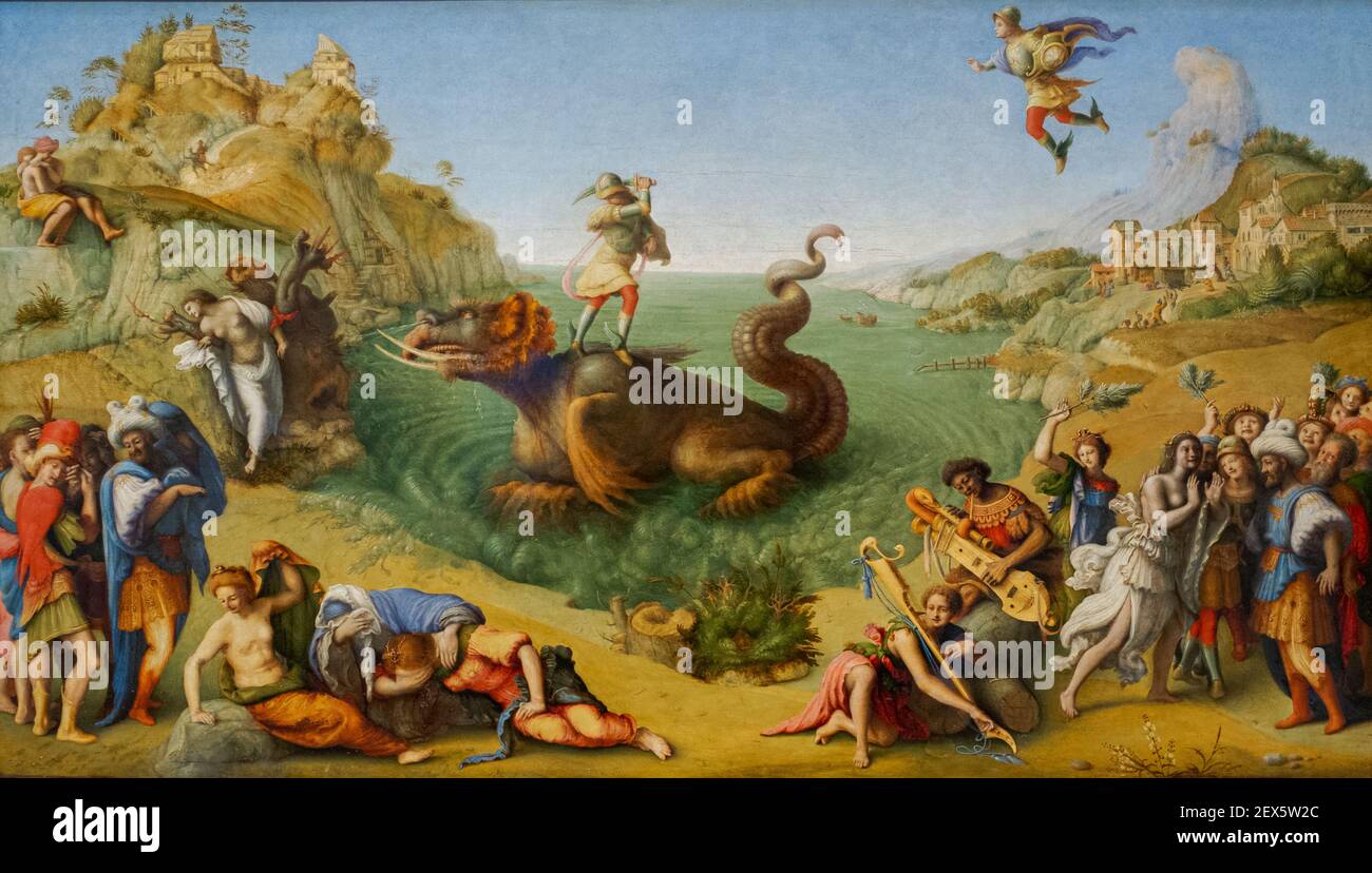 Piero di Lorenzo aussi connu sous le nom de Piero di Cosimo (1462-1522) Perseus libérant Andromeda 1510–15 circa, huile et tempera sur le bois. Galerie Uffizi, Florence. Banque D'Images