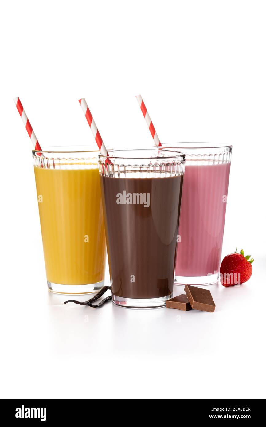 Milkshakes au chocolat, à la fraise et à la vanille isolés sur fond blanc Banque D'Images
