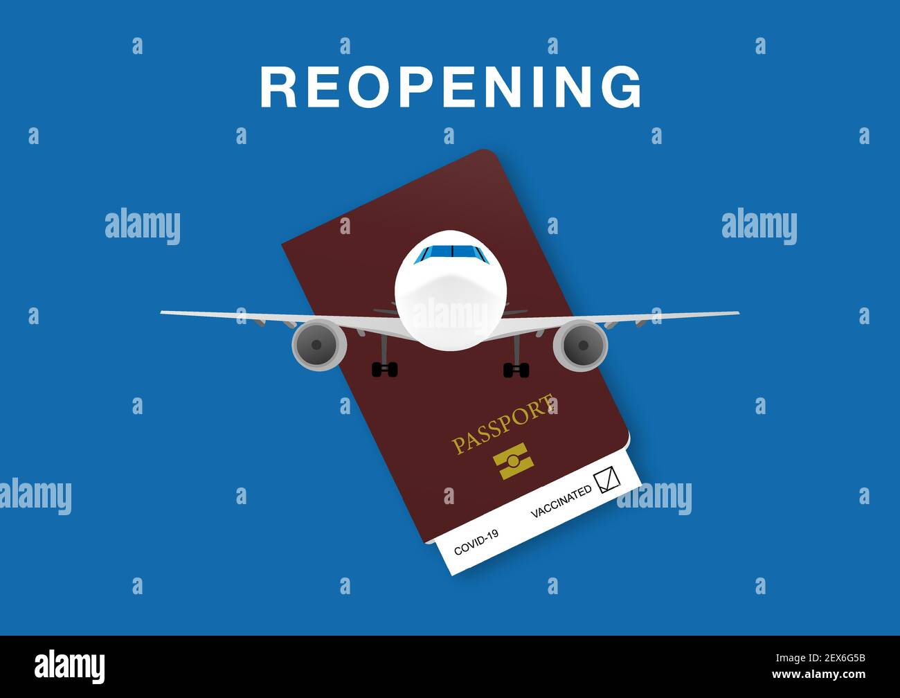 Concept de réouverture du transport aérien après la vaccination contre le covid-19. Illustration d'un document d'avion, d'un passeport et d'un dossier de vaccination ou d'un passeport sanitaire Illustration de Vecteur