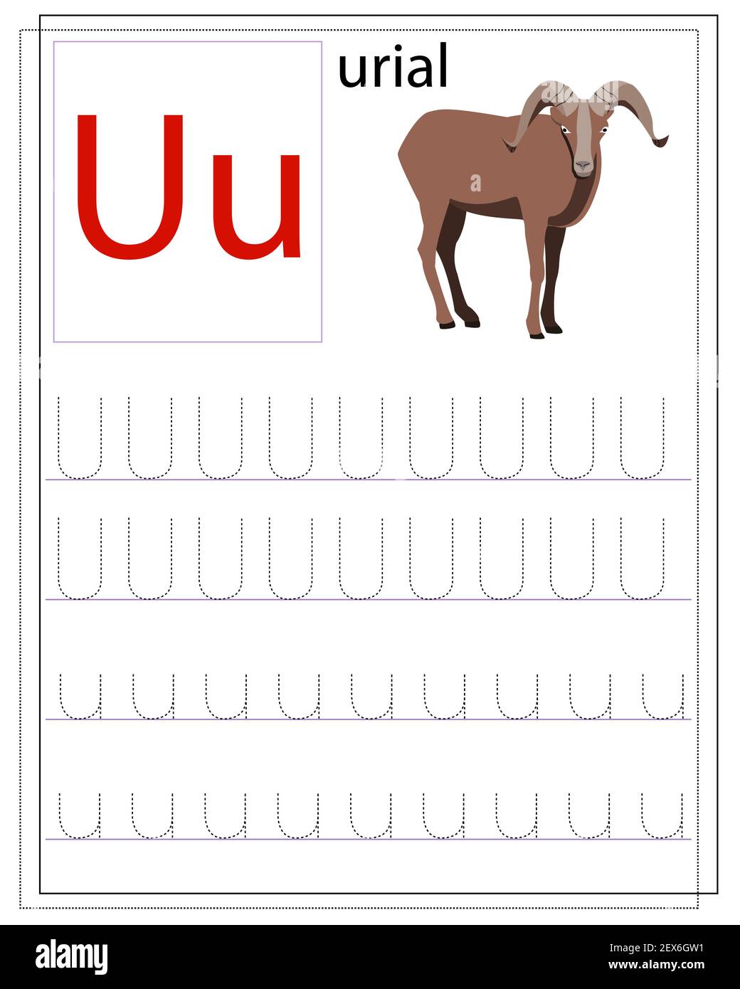 Urial. Une feuille de travail pour les enfants avec des lettres pour apprendre l'alphabet anglais. Formation à l'écriture manuscrite. Illustration de Vecteur