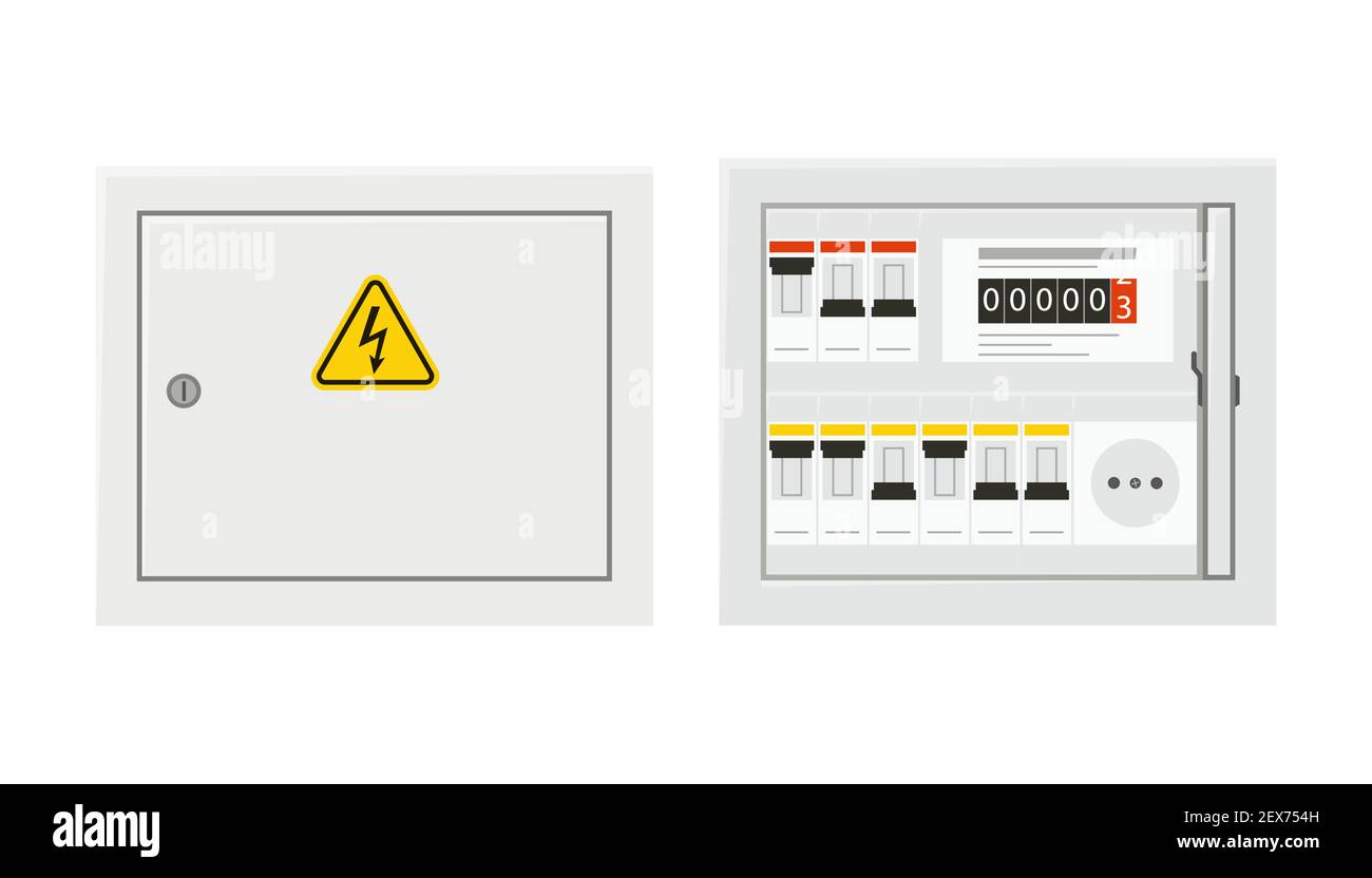 Panneau de commande électrique avec porte ouverte et fermée. Boîte à fusibles. Illustration vectorielle isolée de style plat Illustration de Vecteur