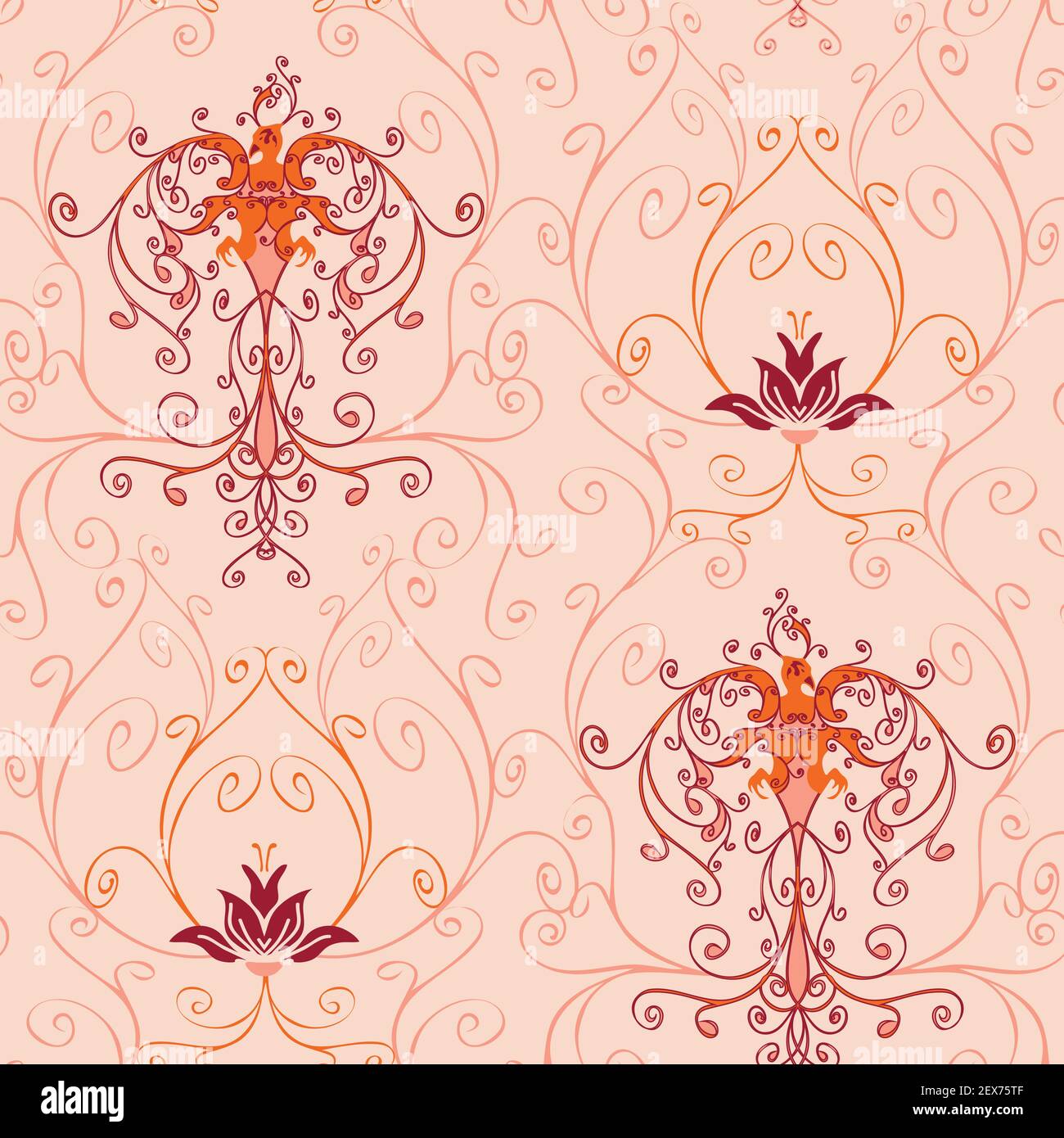 Motif vectoriel sans couture avec phoenix sur fond rose clair. Magnifique papier peint romantique vintage avec oiseaux. Tissu fleuri de style victorien. Illustration de Vecteur