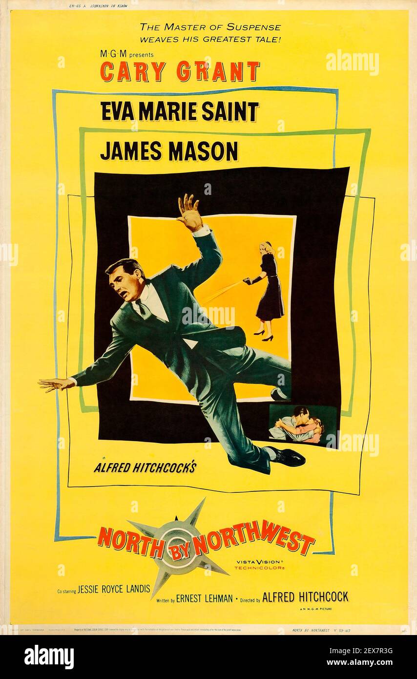 Cary Grant dans le Nord par Northwest, affiche de film Alfred Hitchcock. Exploit. EVA Marie Saint et James Mason. 1959. Haute résolution. Banque D'Images