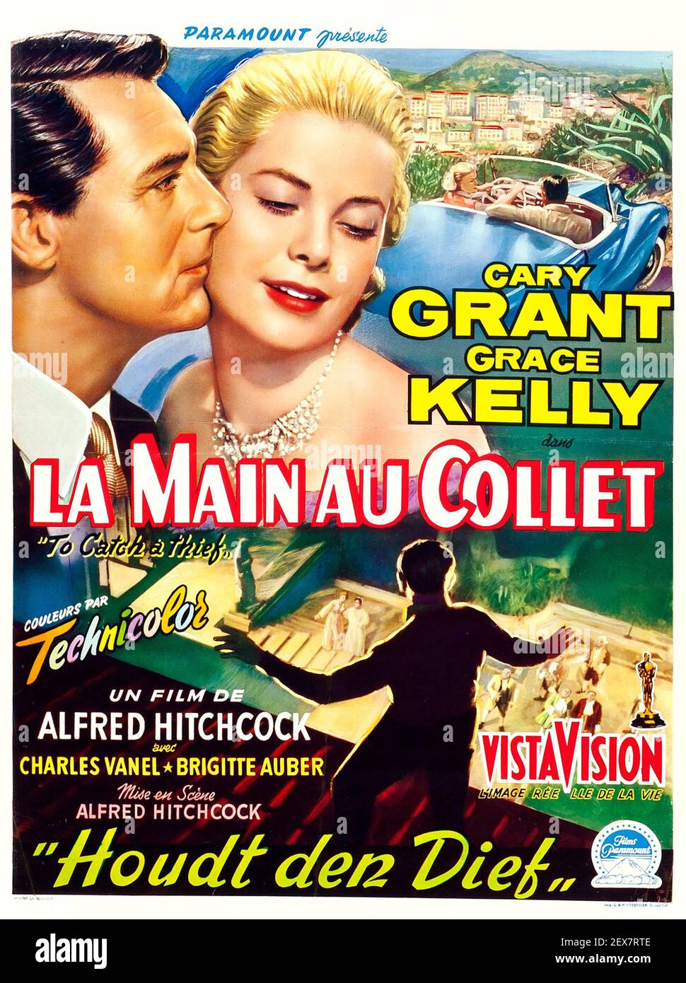 Cary Grant, Grace Kelly dans Alfred Hitchcock poster de film pour attraper UN voleur. 1955. Version française. Banque D'Images