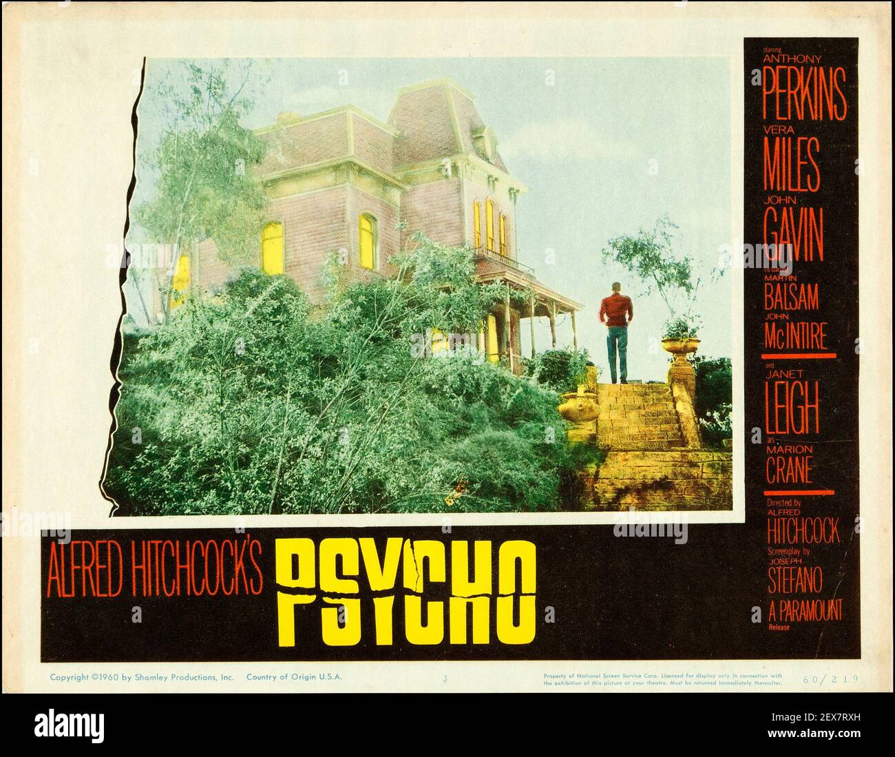 Psycho. Carte du hall. Alfred Hitchcock. 1960. La prouesse du film. Anthony Perkins, Janet Leigh, Vera Miles et John Gavin. Banque D'Images