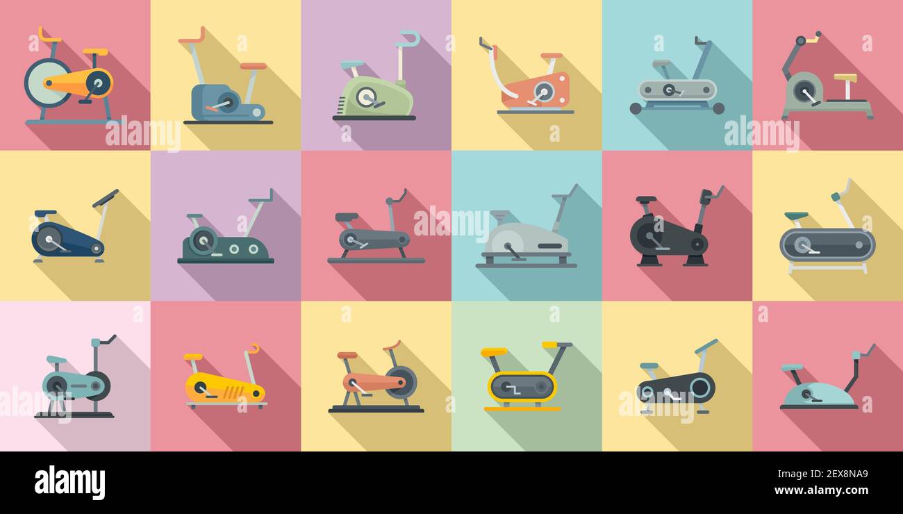 Jeu d'icônes de vélo d'exercice, style plat Illustration de Vecteur