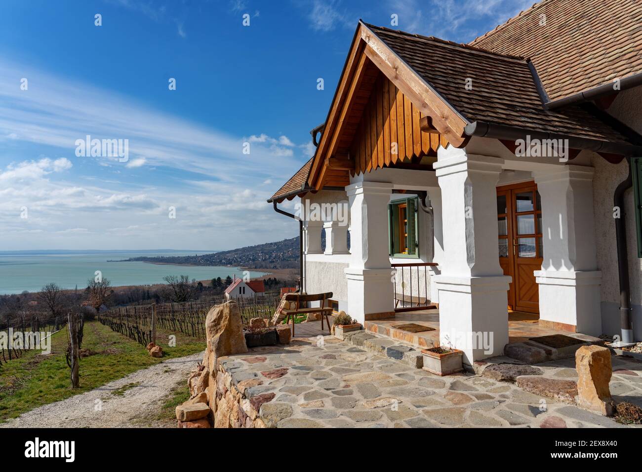 Belle vue sur la colline de Badacsony à côté du lac Balaton d'en haut avec un vignoble avec un banc Banque D'Images