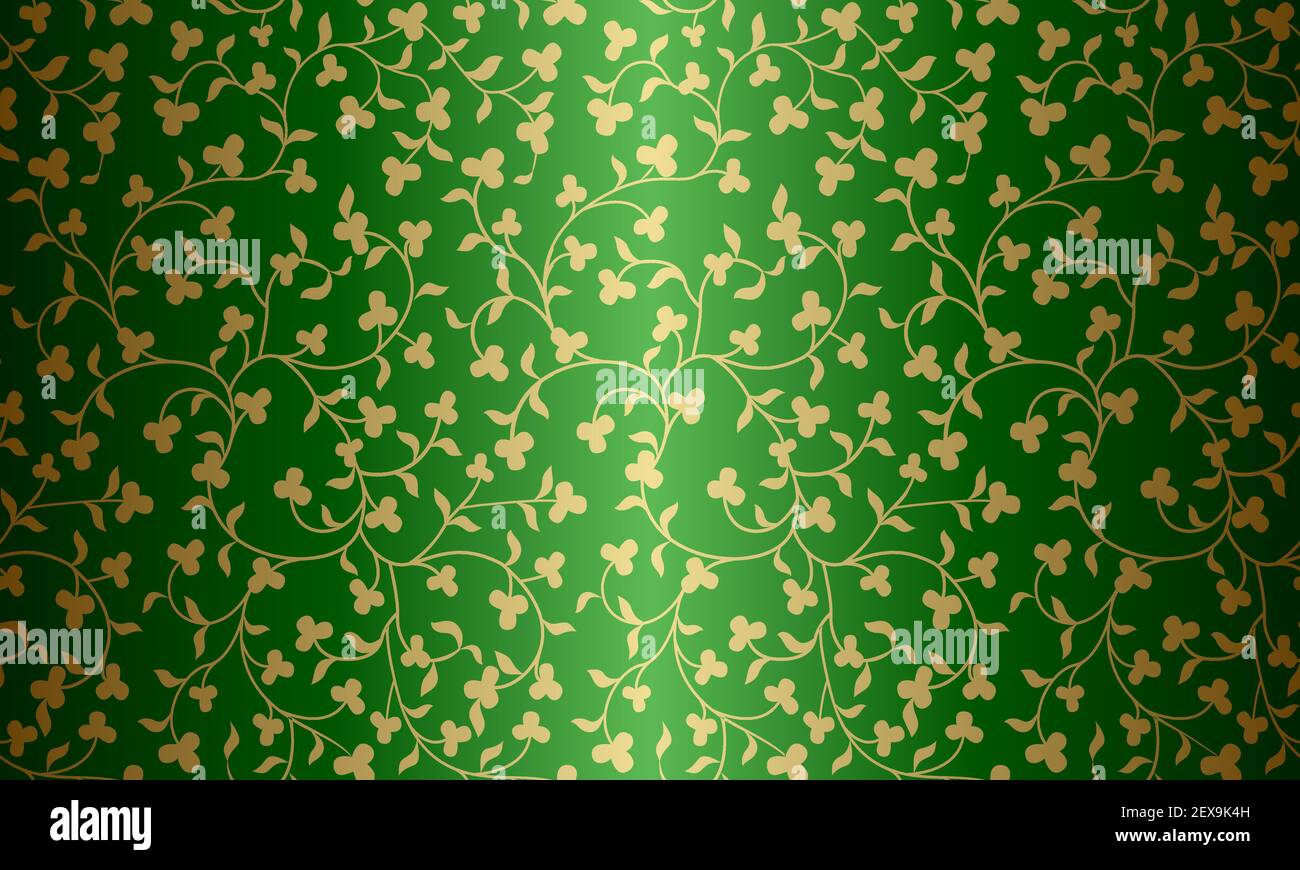 Motif floral doré sans couture sur fond vert. Texture damassé répétée de luxe. Papier d'emballage à l'huile de trèfle de qualité supérieure ou chiffon en soie shamrock Illustration de Vecteur