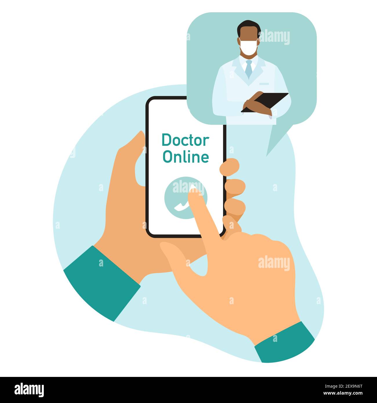 Consultation médecin illustration vectorielle en ligne mains tenir téléphone cellulaire communication médicale en ligne avec le patient. Hôpital virtuel. Support médical. Hé Illustration de Vecteur