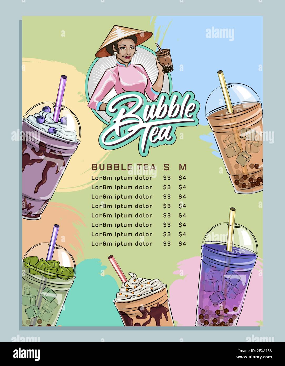 Menu de thé moussant, thé de perle de tapioca vietnamien, milk-shake de gelée de fruits avec garniture de thé, boisson, versement, jus de boba et bien plus encore. Illustration de Vecteur