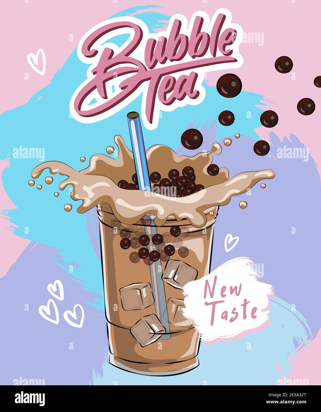 Menu de thé moussant, thé de perle de tapioca vietnamien, milk-shake de gelée de fruits avec garniture de thé, boisson, versement, jus de boba et bien plus encore. Illustration de Vecteur