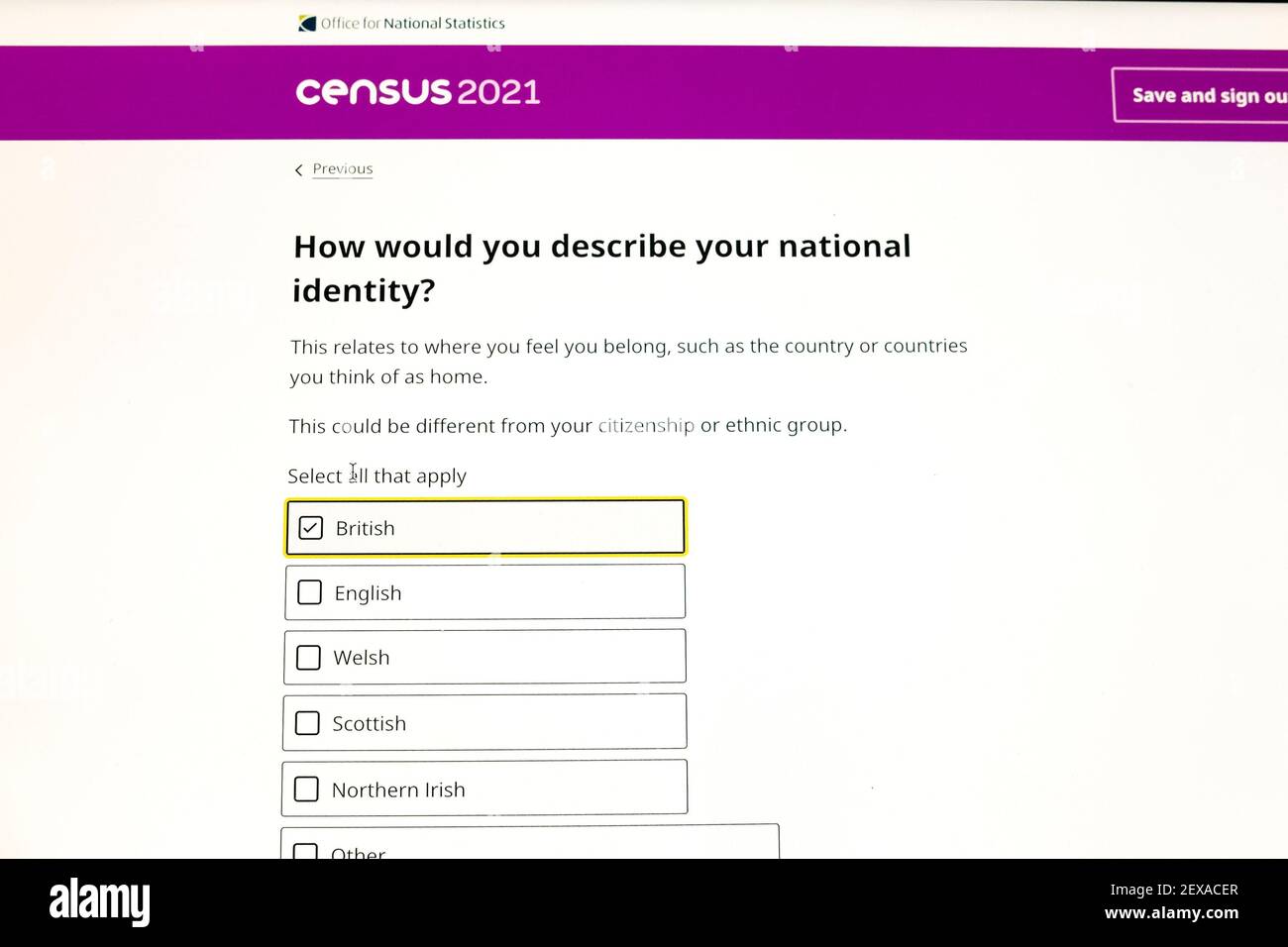 Site Web de soumission en ligne du Recensement du Royaume-Uni 2021 écran d'identité nationale. Banque D'Images