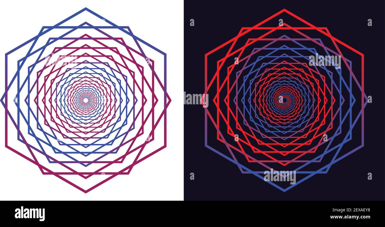 Tourbillon géométrique tourbillon tourbillon tourbillon éléments ensemble de 2 en rouge, bleu, violet couleur dans fond noir et blanc Illustration de Vecteur