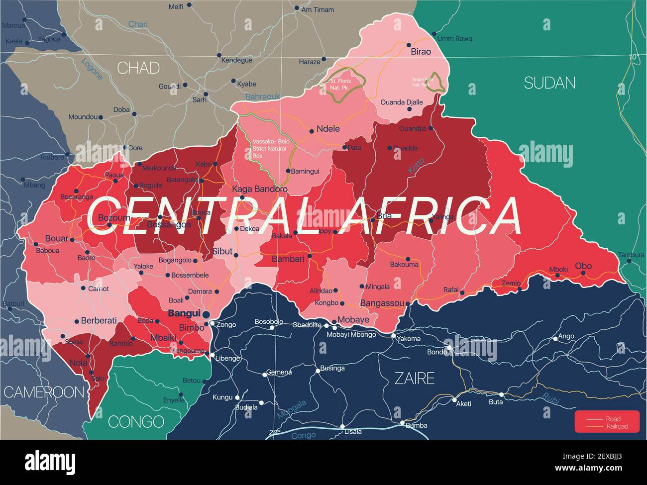 Pays d'Afrique centrale carte détaillée modifiable avec régions villes, routes et chemins de fer, sites géographiques. Fichier vectoriel EPS-10 Illustration de Vecteur