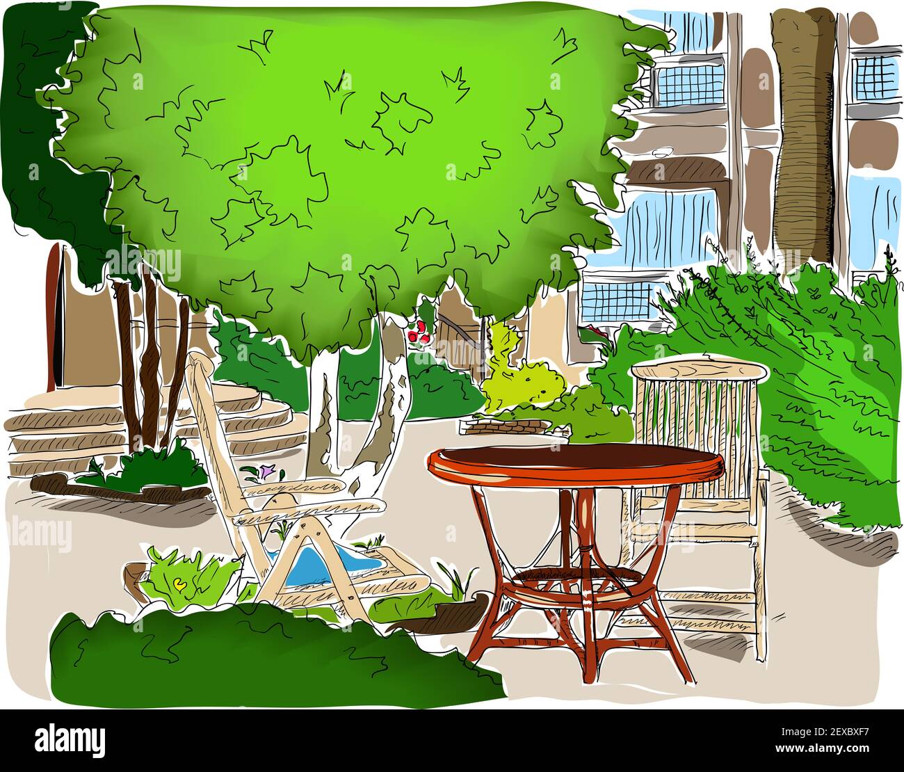 Café dans le jardin. Version couleur complet. Banque D'Images