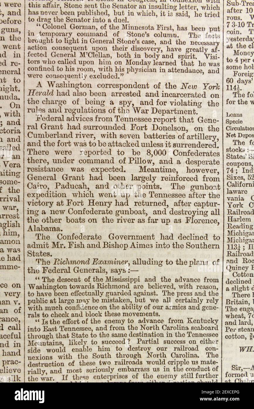 Rapport de presse sur les événements aux États-Unis relatifs à la guerre civile dans une copie originale du journal The Times, mardi 25 février 1862. Banque D'Images