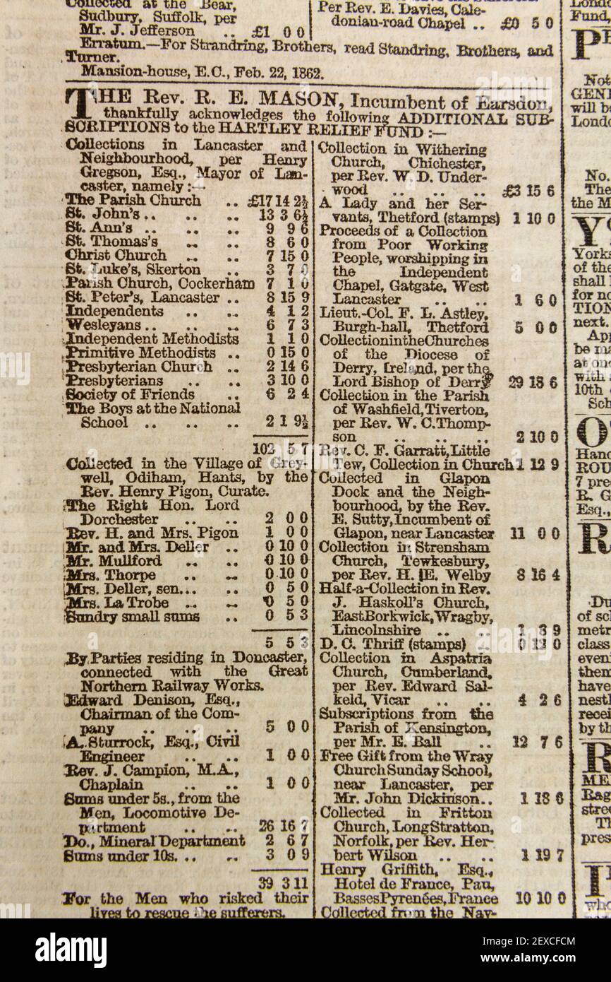 Liste des dons au Fonds de secours Hartley dans une copie originale du journal The Times, mardi 25 février 1862. Banque D'Images