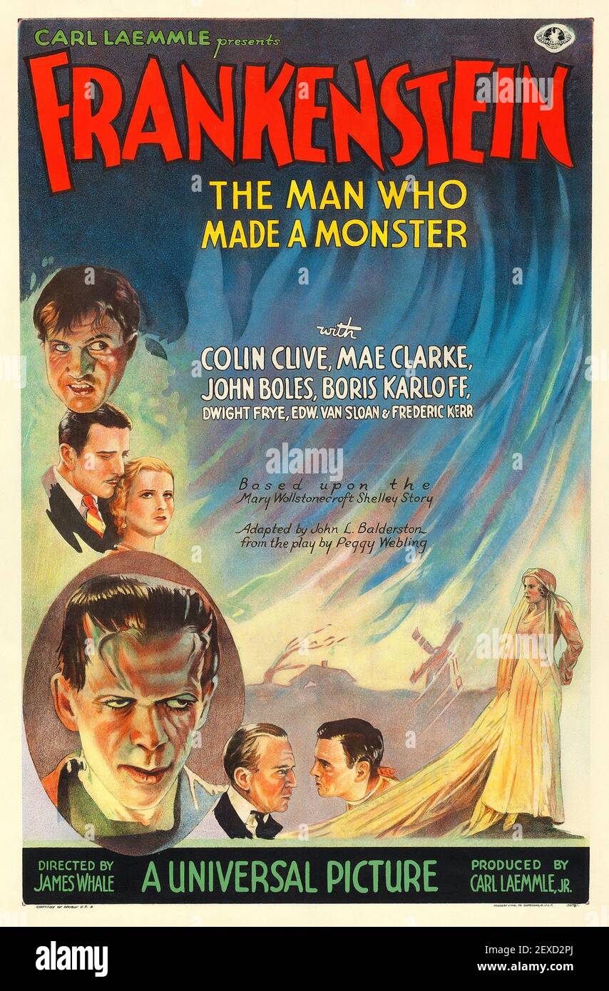 Affiche de film Frankenstein, 1931, dont Boris Karloff. « l'homme qui a fait un monstre ». Banque D'Images