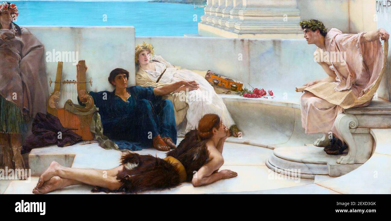Lawrence Alma-Tadema. Peinture intitulée "UNE lecture de Homère" par l'artiste britannique-néerlandais, Sir Lawrence Alma-Tadema (n. Lourens Alma Tadema, 1836-1912), huile sur toile, 1885 Banque D'Images