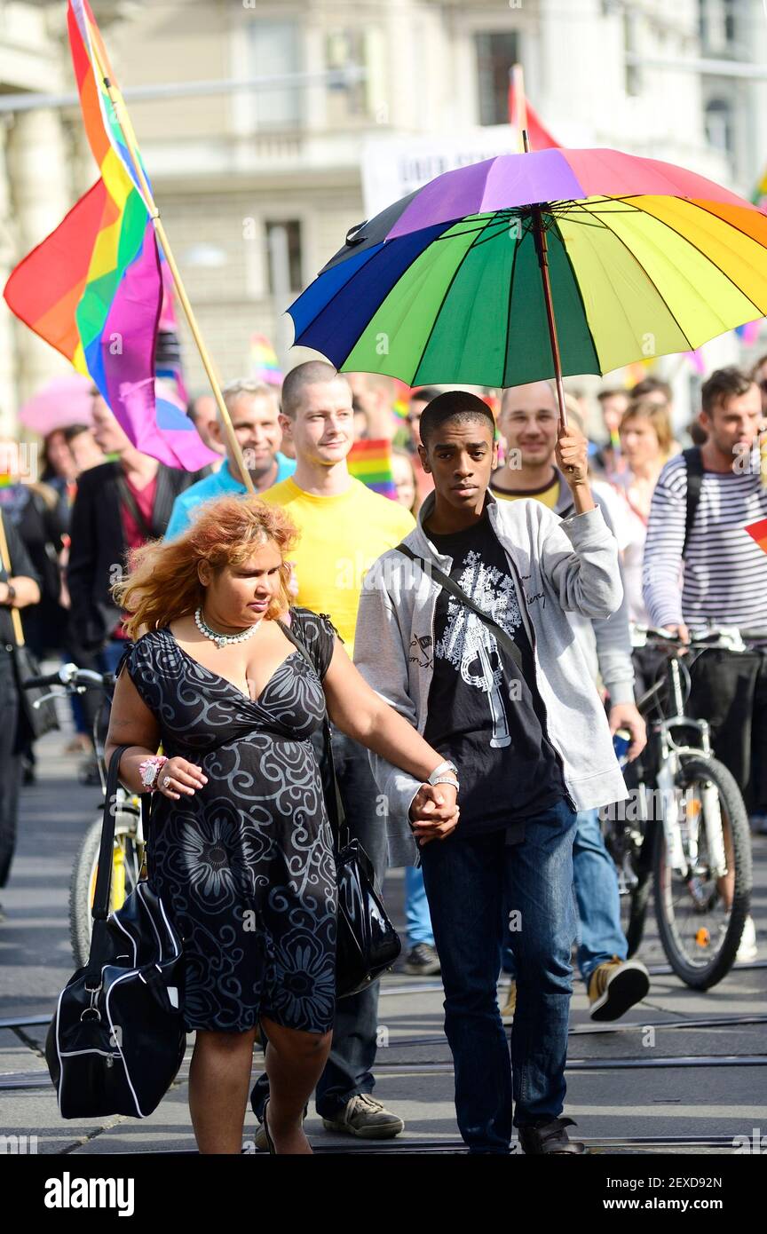 Vienne, Autriche. 24 juin 2014. Marche de protestation en Russie avec amour. Signe de solidarité avec les lesbiennes, les gays et les personnes transgenres et protestation contre l'aggravation de la situation des droits de l'homme en Russie. Banque D'Images