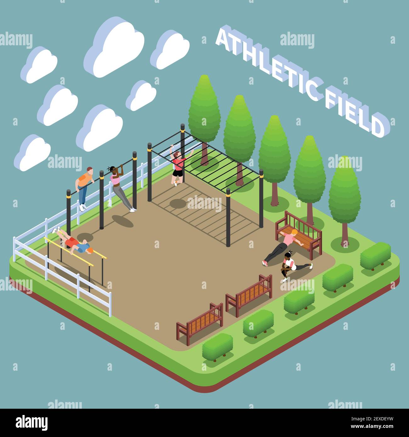 Personnages humains lors d'exercices en plein air sur le terrain de sport composition isométrique sur l'illustration vectorielle d'arrière-plan turquoise Illustration de Vecteur