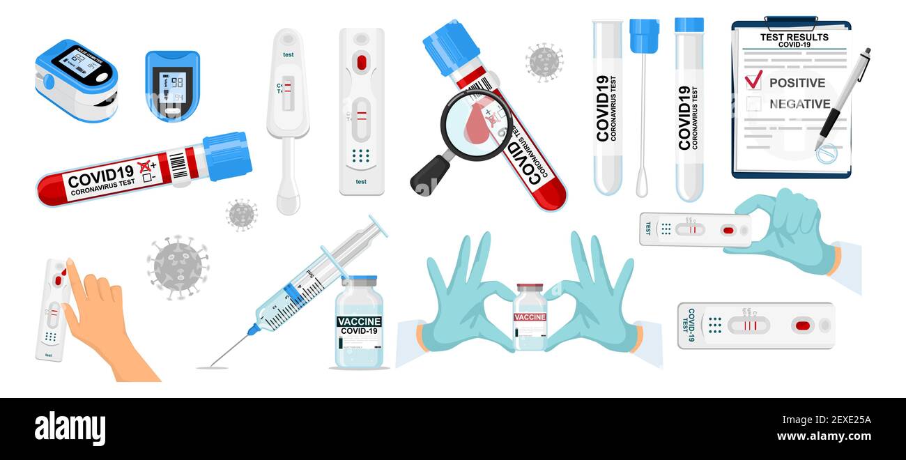 Kit de test et d'auto-test pour virus et COVID-19 avec tube de test sanguin de laboratoire. Prévention du coronavirus, contrôle de la fréquence cardiaque. Tests à domicile et Illustration de Vecteur